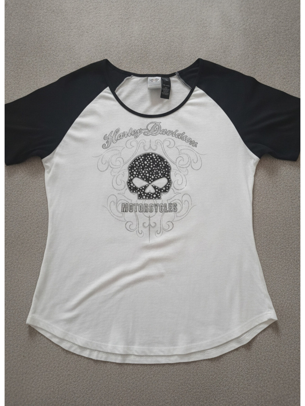 Harley Davidson Rhinestone Skull Studded Black White Raglan T Shirt Sz 2W